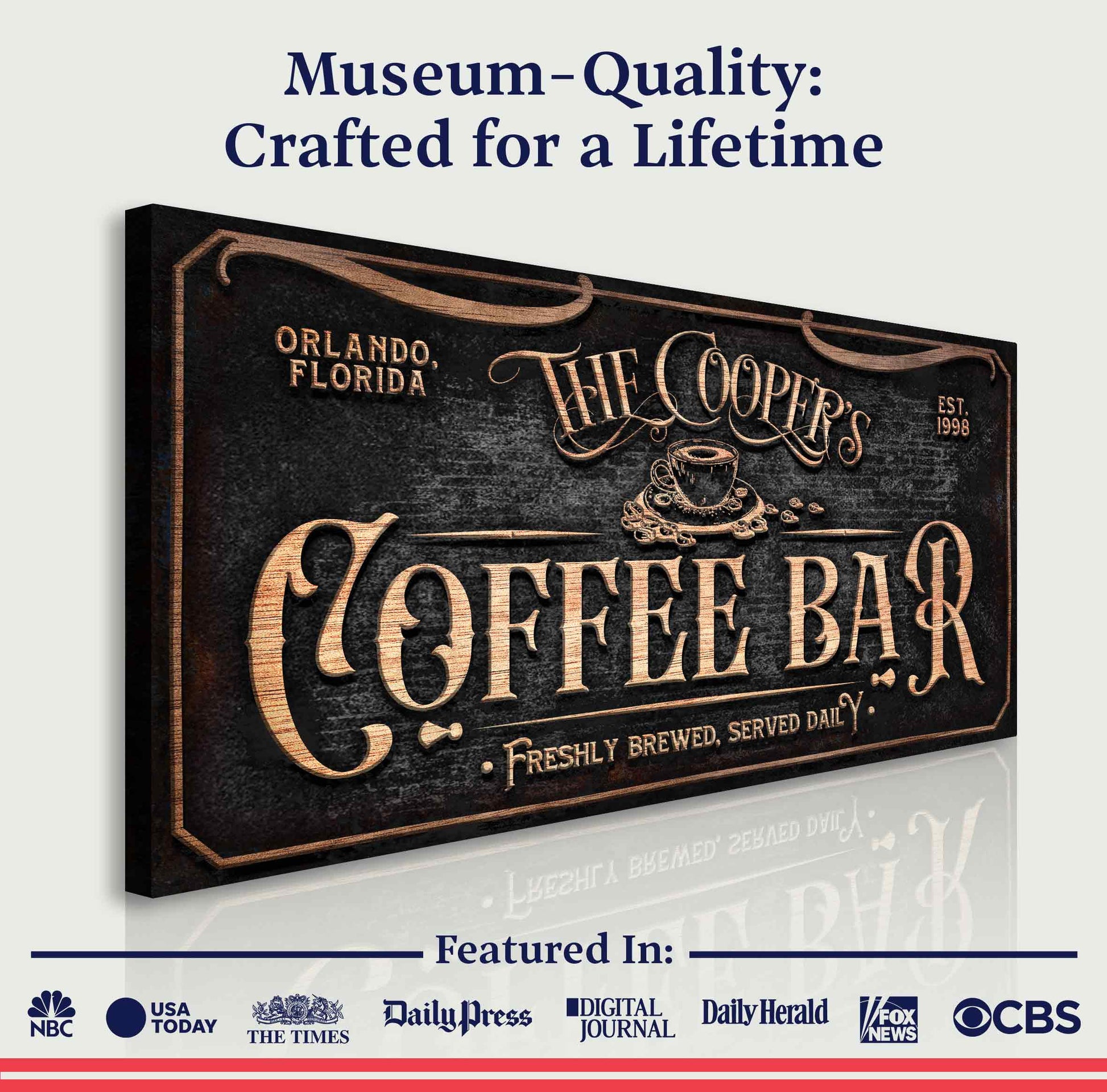 Canvas: Personalized Coffee Bar Sign V with copper-toned embossed lettering on dark board on Tampa Home & Garden Store