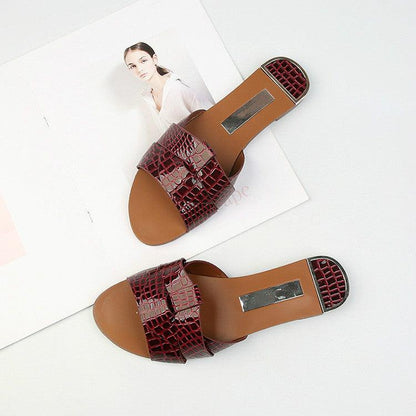Stevvex flat sandals burgundy crocodile-embossed leather open-toe with two wide straps on Tampa Home & Garden Store