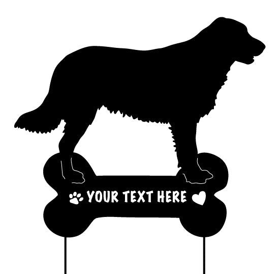 Black silhouette Flat-Coated Retriever garden stake with bone-shaped sign for text on Tampa Home & Garden Store