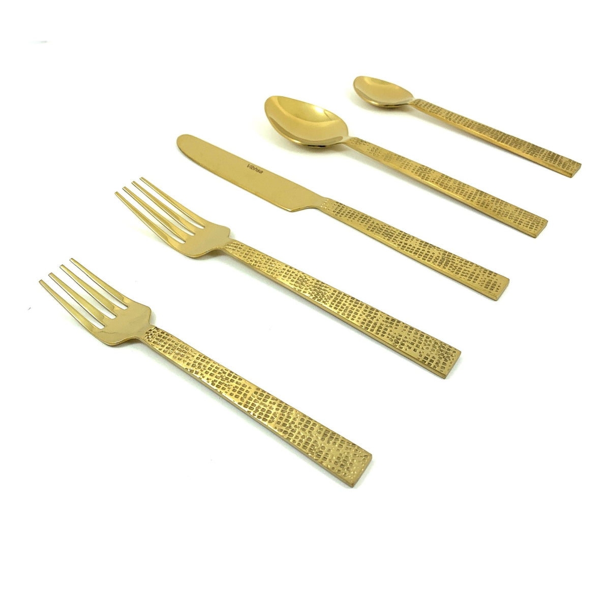 Vibhsa 20-piece gold flatware set with Egyptian design and textured handles on Tampa Home & Garden Store