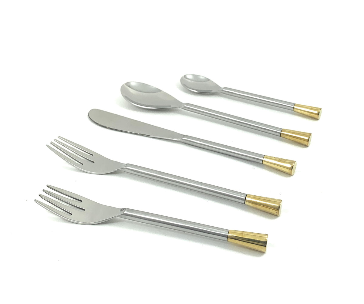 Vibhsa 20 Piece Silver Flatware Set for 4, stainless steel with gold-tone handle tips on Tampa Home & Garden Store