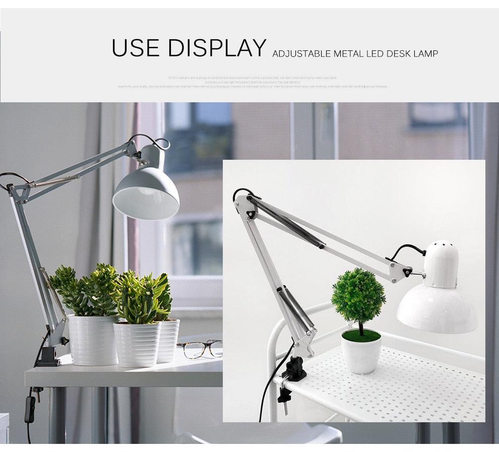 Stevvex metal LED desk lamp pair with folding arms in silver and white on desks on Tampa Home & Garden Store