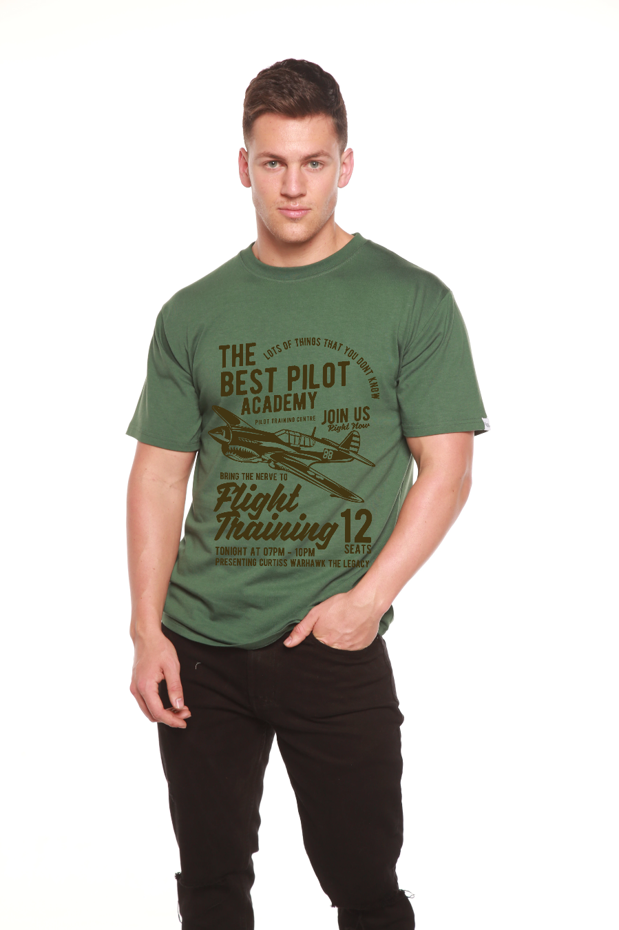 Flight Training men's graphic tee in olive green bamboo viscose/organic cotton sleeve on Tampa Home & Garden Store