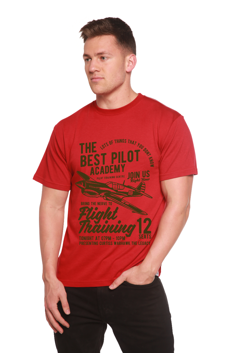 Flight Training men's red bamboo viscose/organic cotton tee with airplane motif Spun Bamboo on Tampa Home & Garden Store