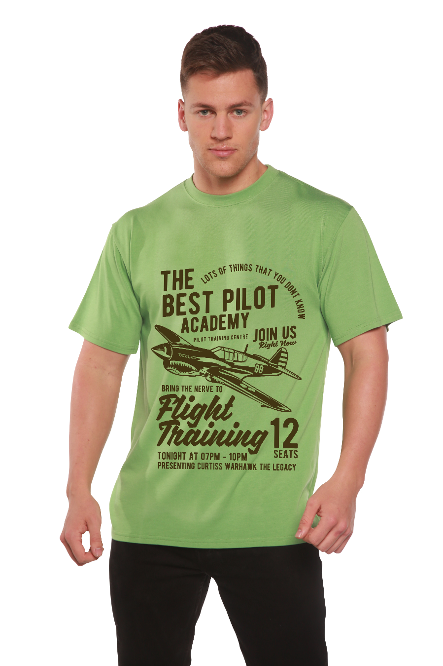 Flight Training men's bamboo tee lime green with airplane print Spun Bamboo on Tampa Home & Garden Store