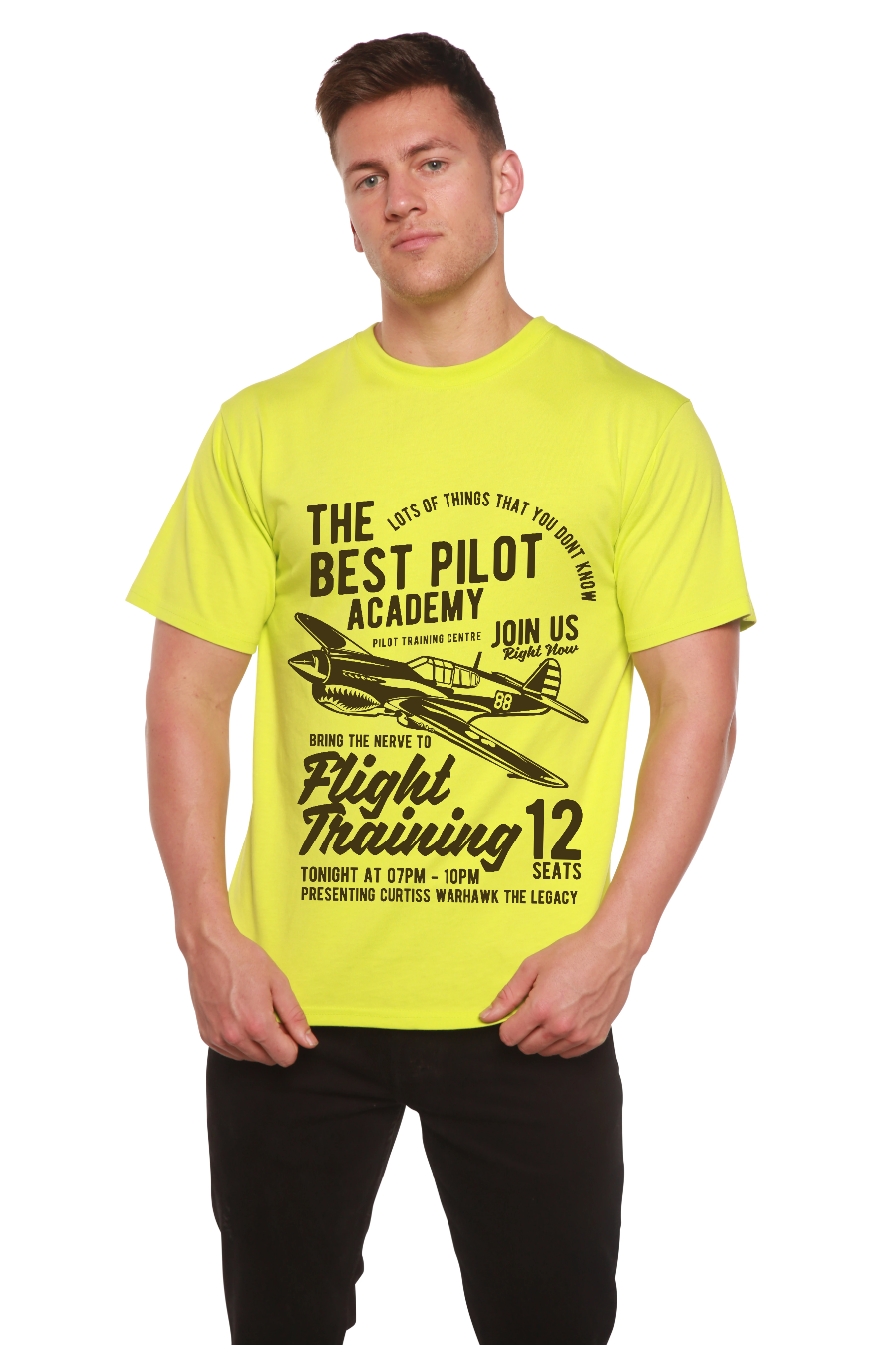 Flight Training Men's neon yellow bamboo T-shirt with airplane graphic by Spun Bamboo on Tampa Home & Garden Store