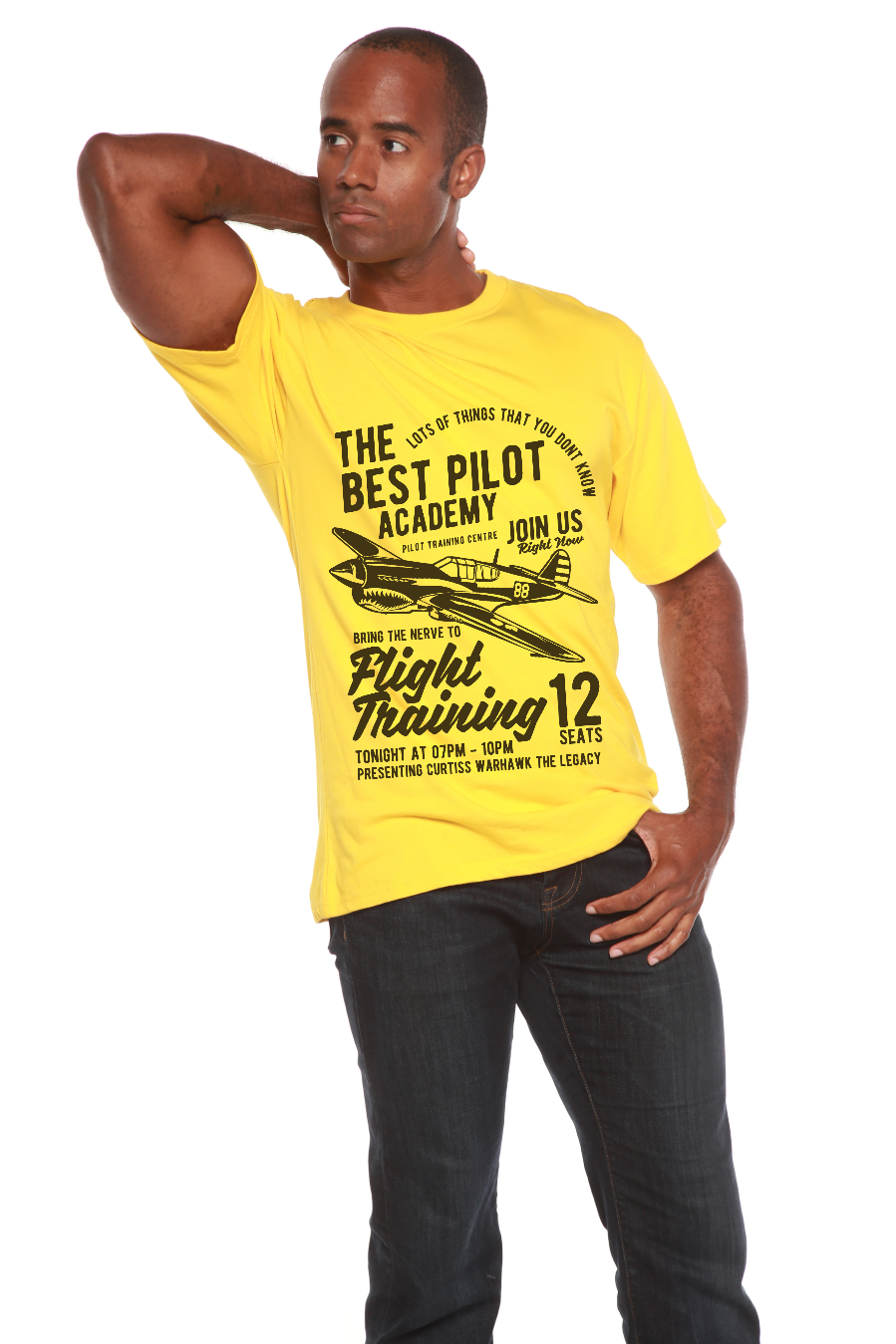 Flight Training men's yellow bamboo viscose/cotton graphic tee with airplane print Spun Bamboo on Tampa Home & Garden Store