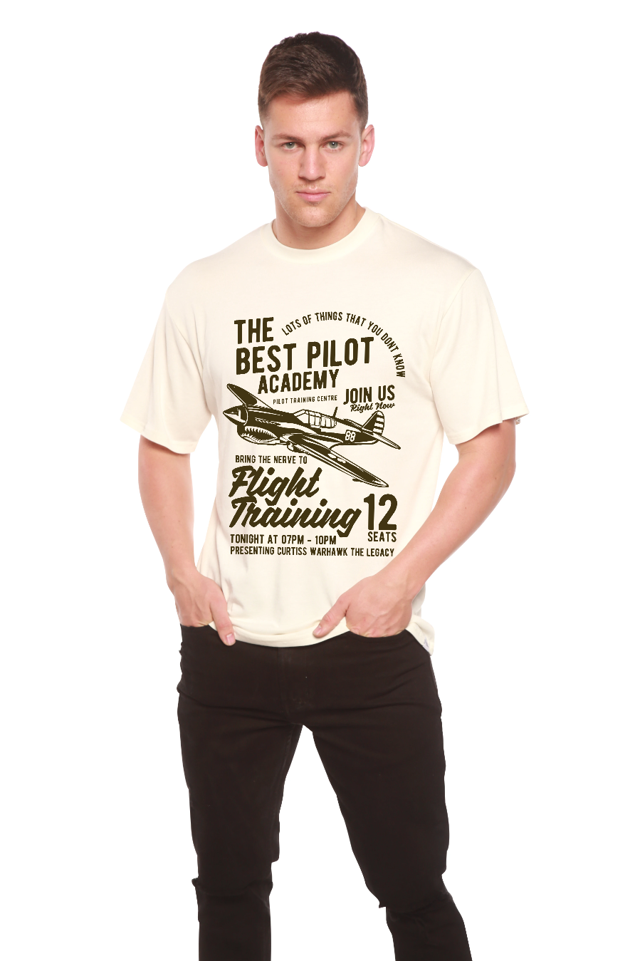 Flight Training cream bamboo viscose/organic cotton tee with black plane print Spun Bamboo on Tampa Home & Garden Store