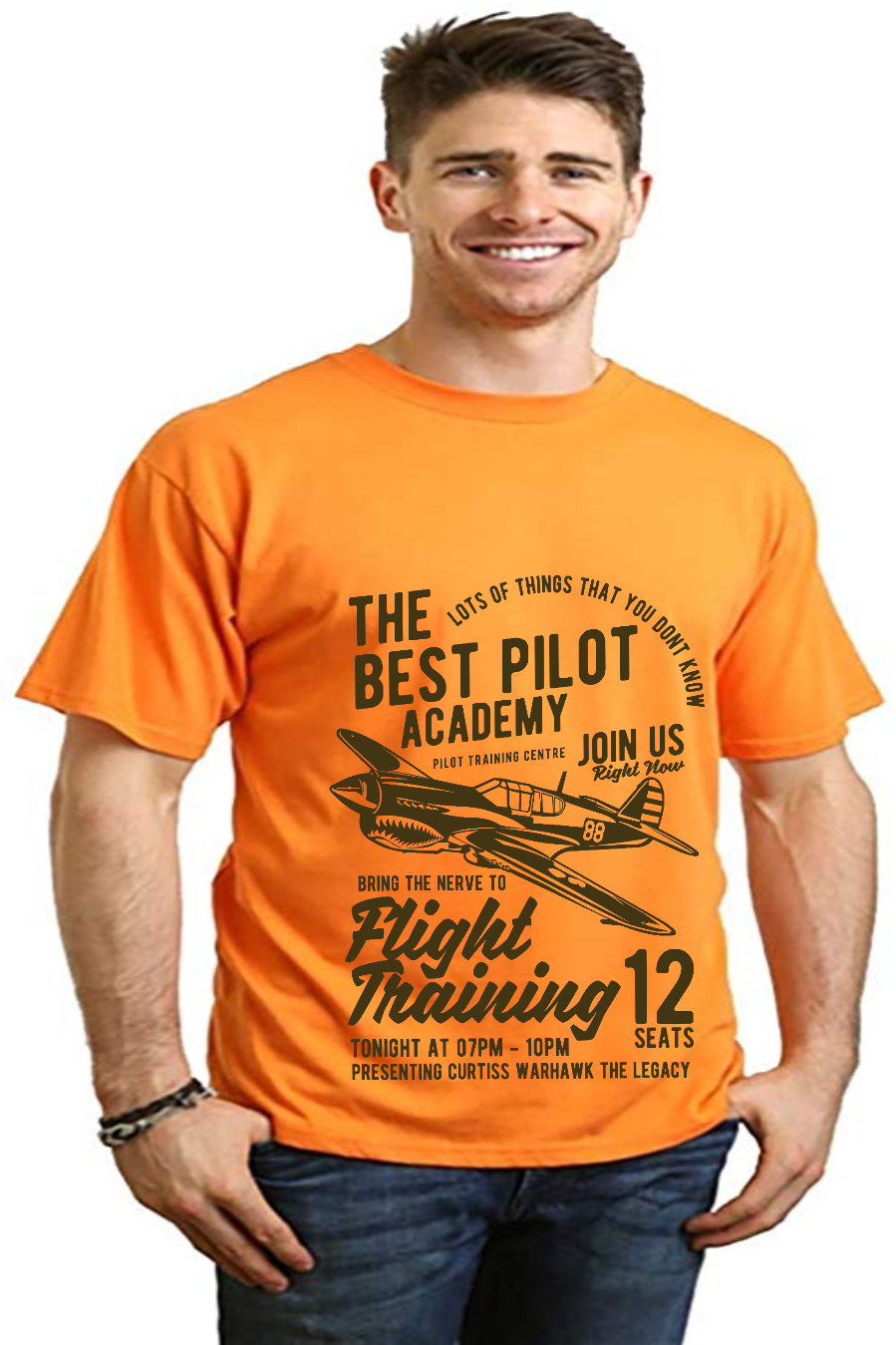 Flight Training orange bamboo viscose/organic cotton tee with airplane print by Spun Bamboo on Tampa Home & Garden Store