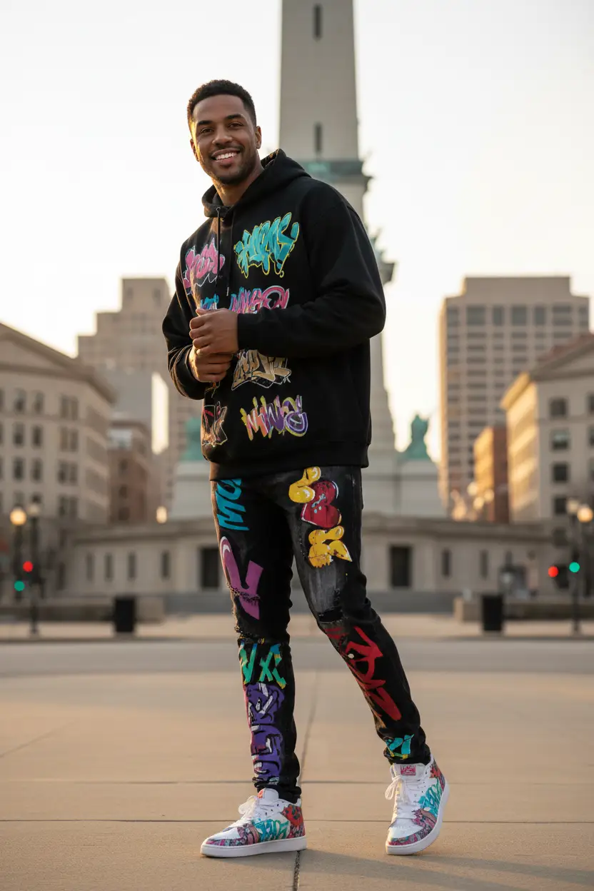 Men’s Urban Slim Fit Black Denim Jeans with Vibrant Multi-Color Graphic Art by FLIPSTYLEZLLC on Tampa Home & Garden Store