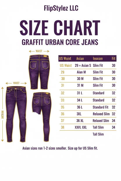 FlipStylez LLC Graffiti Urban Core Jeans size chart with purple denim and waist inseam sizing on Tampa Home & Garden Store
