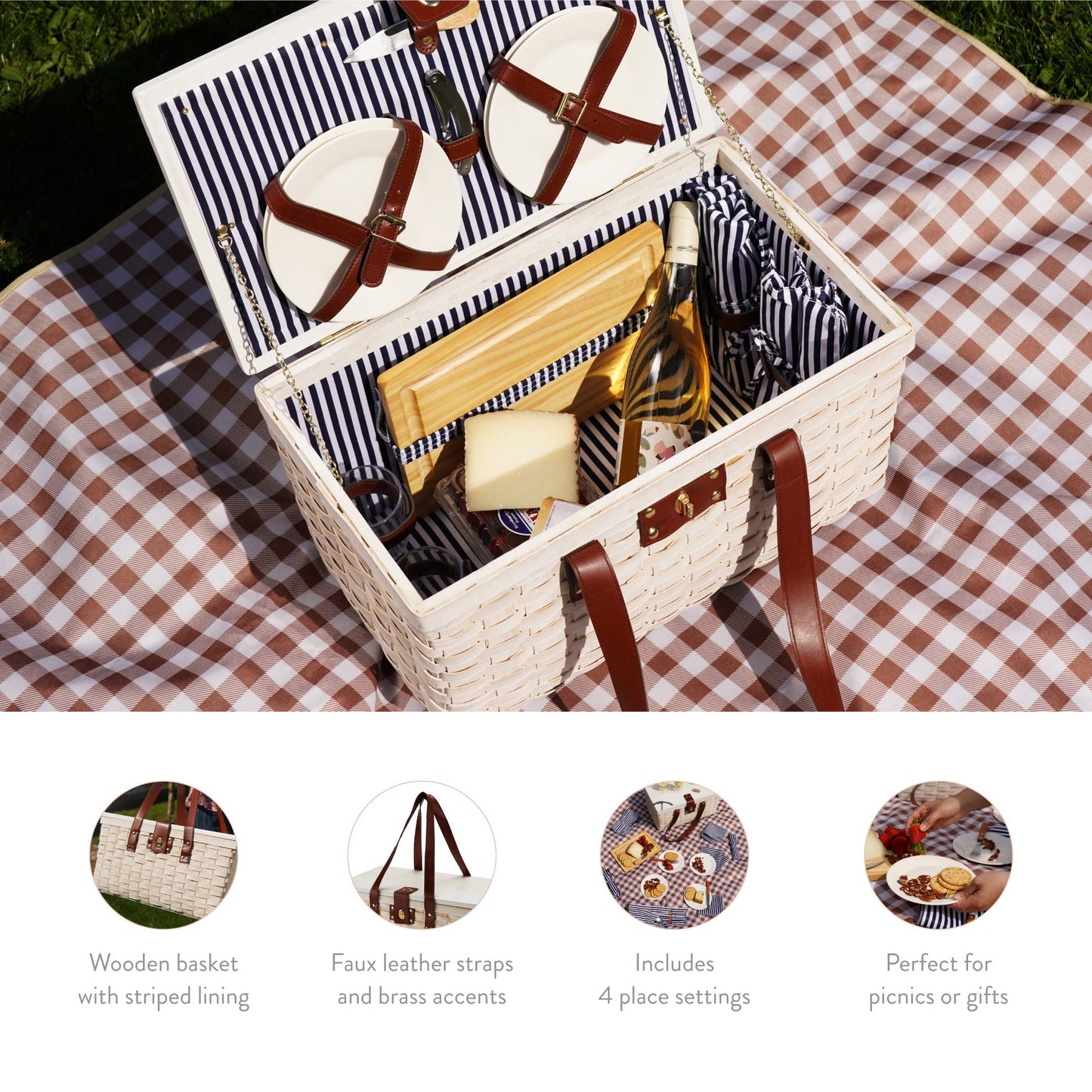 Tahoe Cream Wooden Picnic Basket for Four