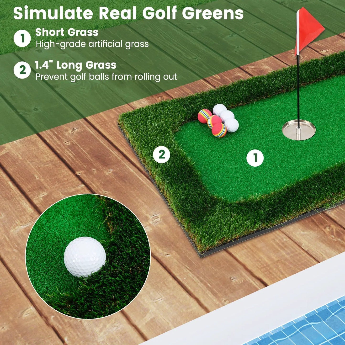 Floating pool golf green with 6 golf balls and a red flag, DirectDeals pool game on Tampa Home & Garden Store