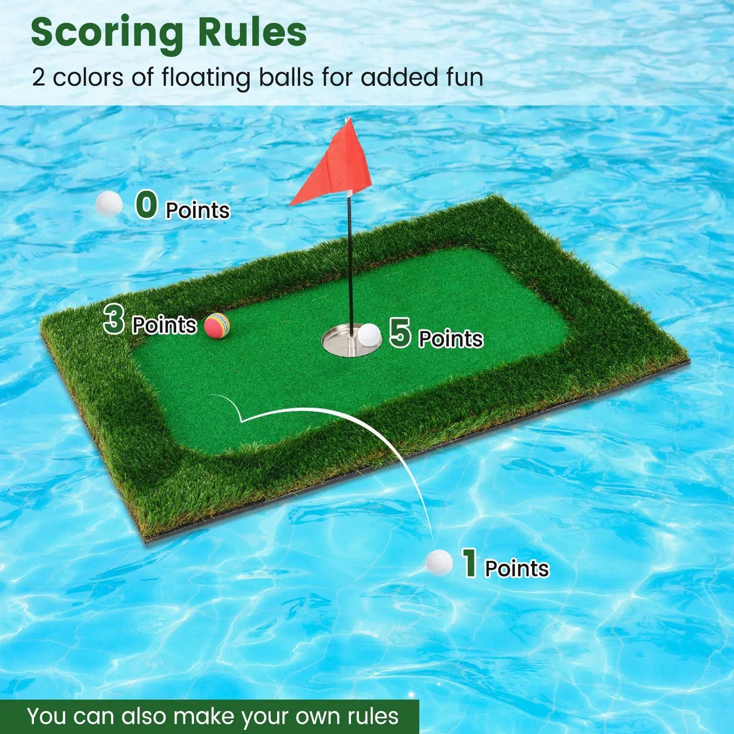 Floating pool golf green on turf with 6 golf balls and flag, DirectDeals on Tampa Home & Garden Store