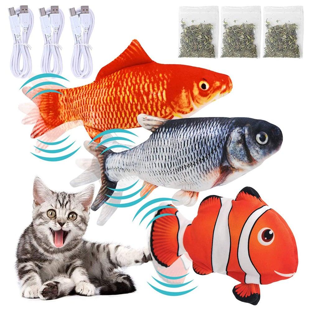 Stevvex Floppy Fish Cat Toy set with three moving plush fish, catnip sachets and USB cables on Tampa Home & Garden Store