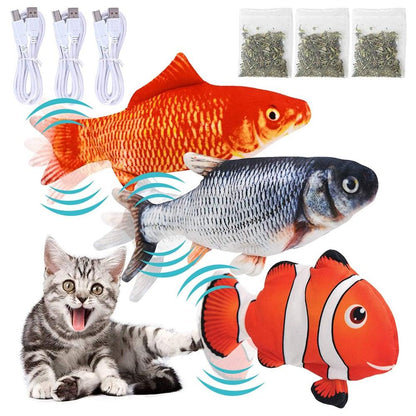 Stevvex Floppy Fish Cat Toy set with three moving plush fish, catnip sachets and USB cables on Tampa Home & Garden Store