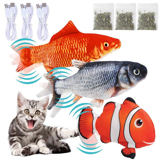 Stevvex Floppy Fish Cat Toy set with three moving plush fish, catnip sachets and USB cables on Tampa Home & Garden Store