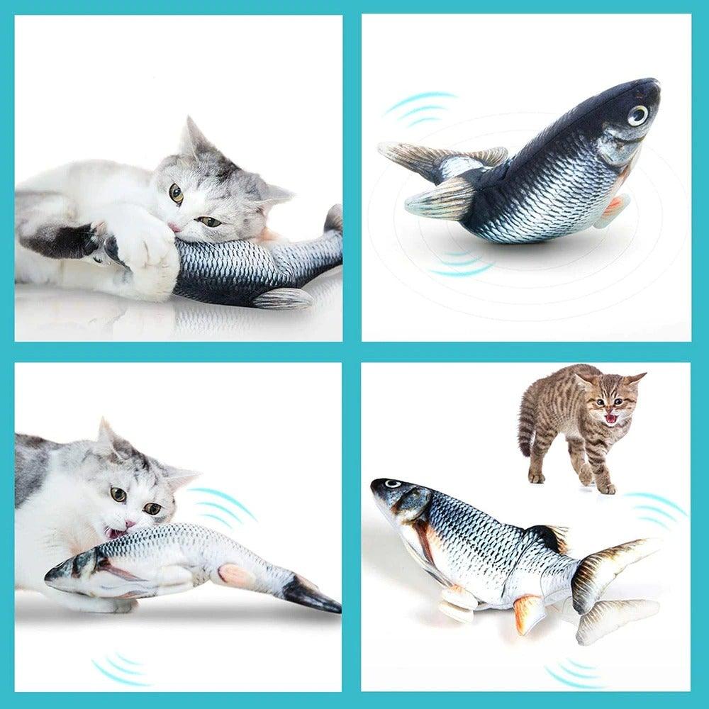 Floppy Fish Cat Toy by Stevvex; blue-silver interactive moving fish in a four-panel collage for cats on Tampa Home & Garden Store
