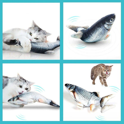 Floppy Fish Cat Toy by Stevvex; blue-silver interactive moving fish in a four-panel collage for cats on Tampa Home & Garden Store