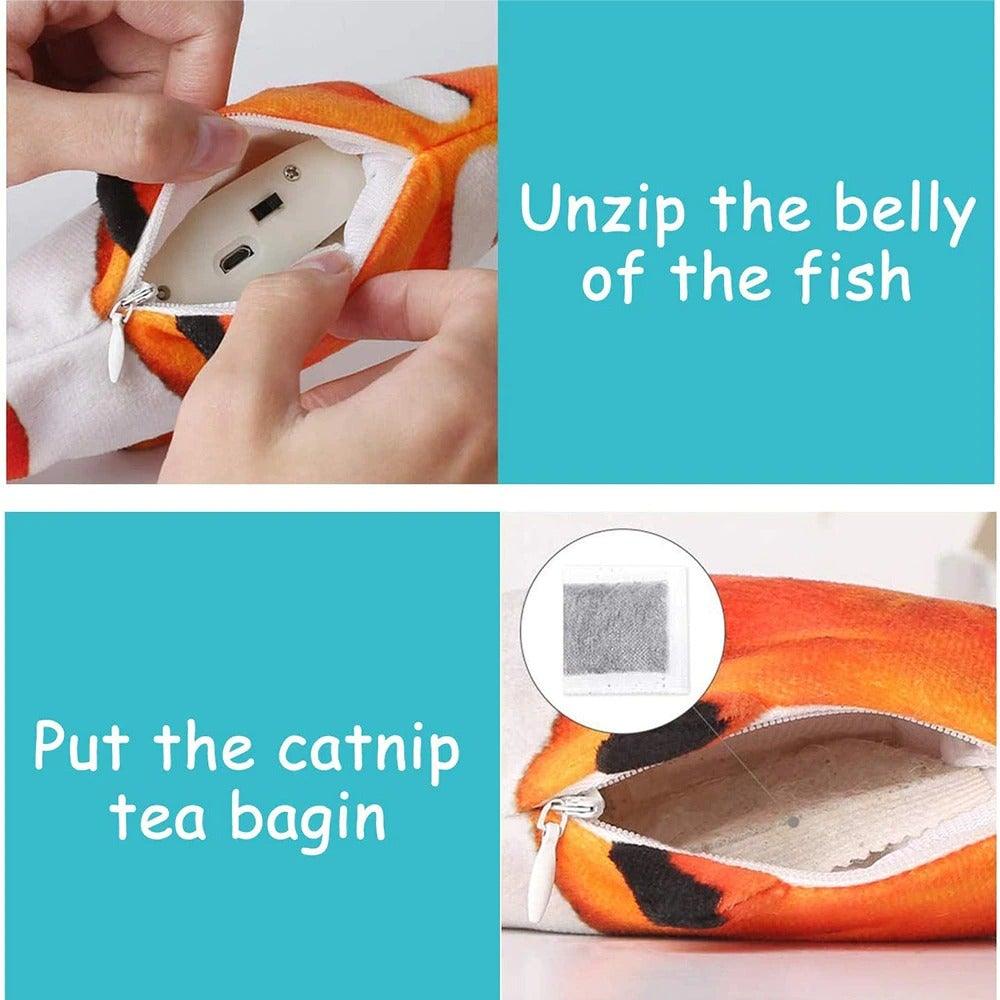 Stevvex Floppy Fish cat toy, plush with zip belly; includes catnip tea bag for wiggle play on Tampa Home & Garden Store