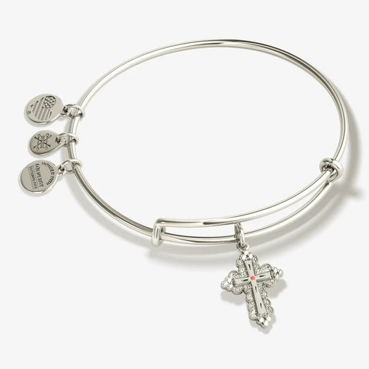 Floral Cross Charm Bangle Bracelet by Alex and Ani, silver-tone with crystal cross and 3 discs on Tampa Home & Garden Store