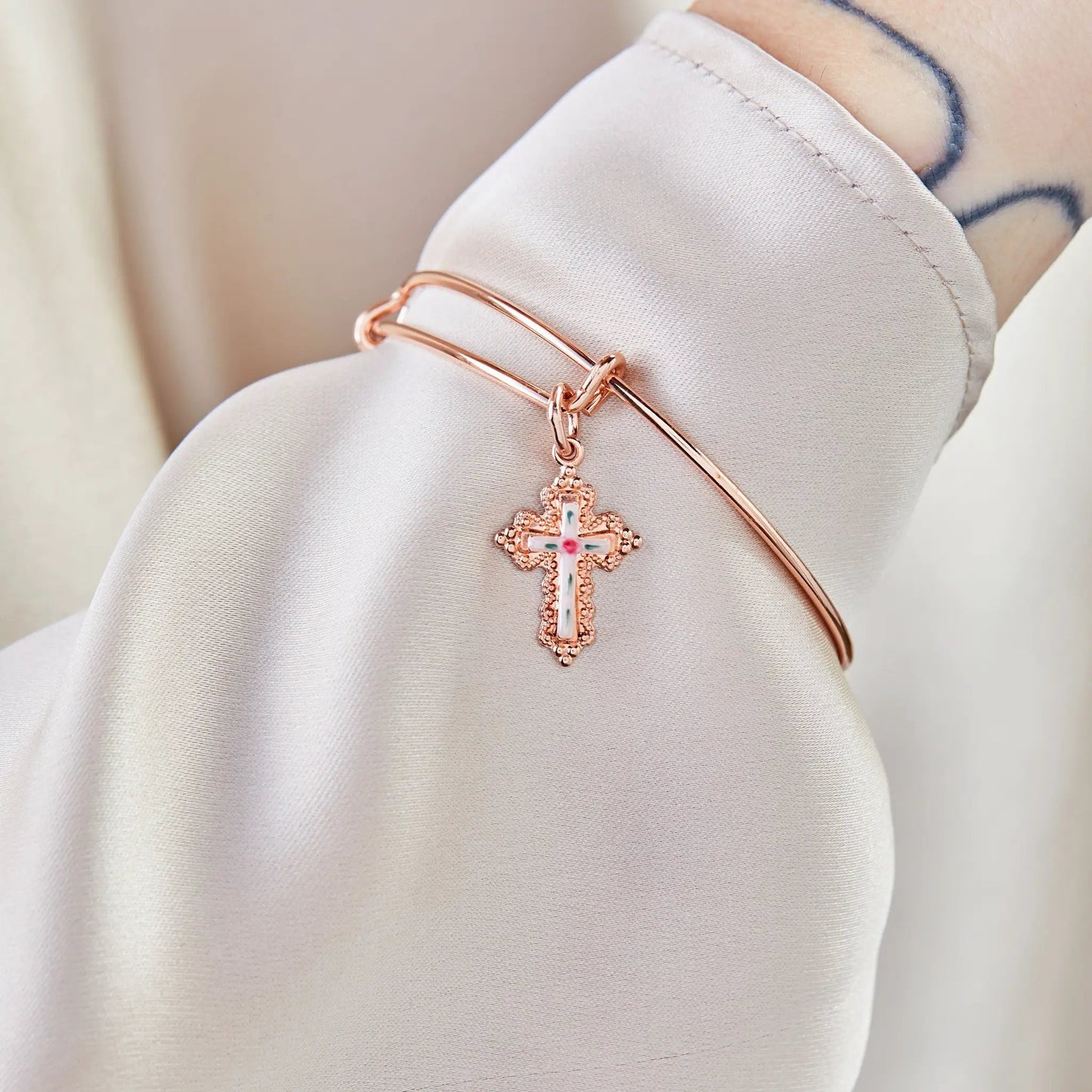 Floral Cross Charm Bangle Bracelet for Faith