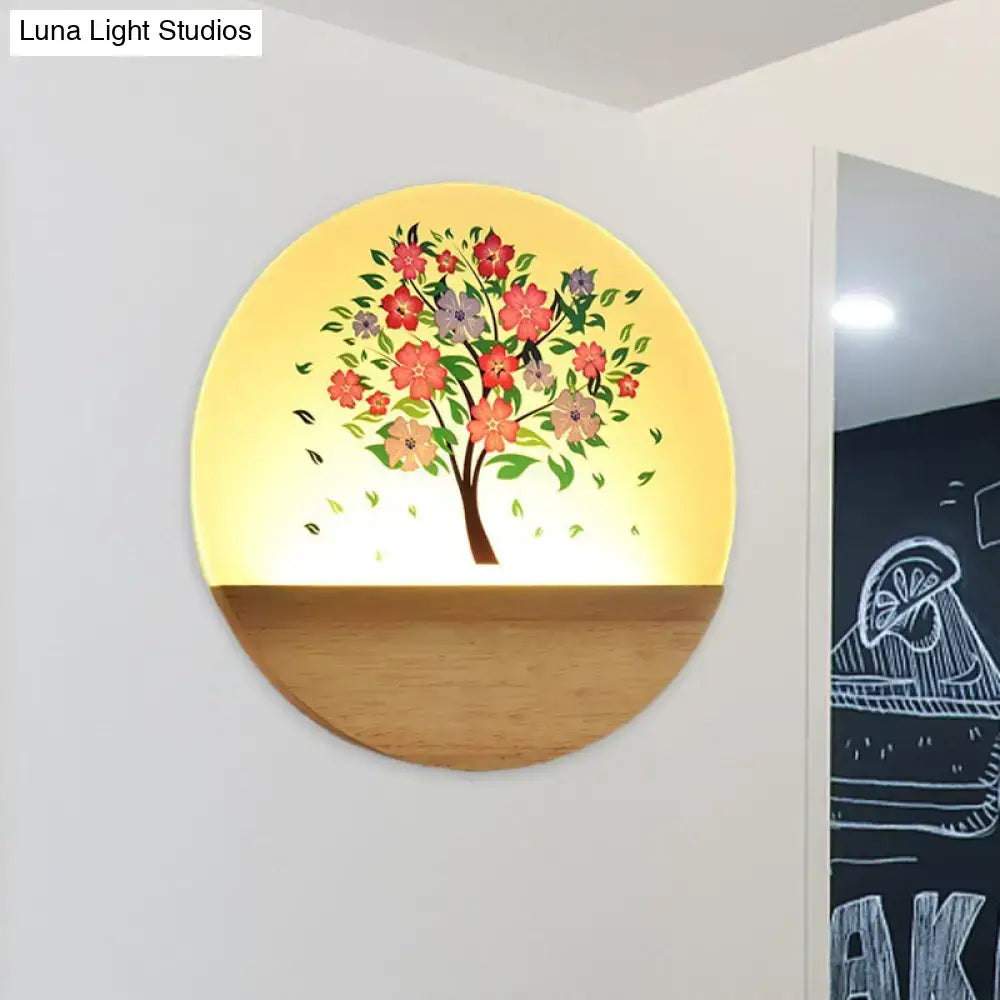 Modern Wood Wall Light by Decorbites, circular wood wall lamp with yellow glow and tree design on Tampa Home & Garden Store