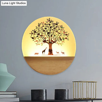 Modern Wood Wall Light by Decorbites, round wooden wall lamp with tree silhouette and warm glow on Tampa Home & Garden Store