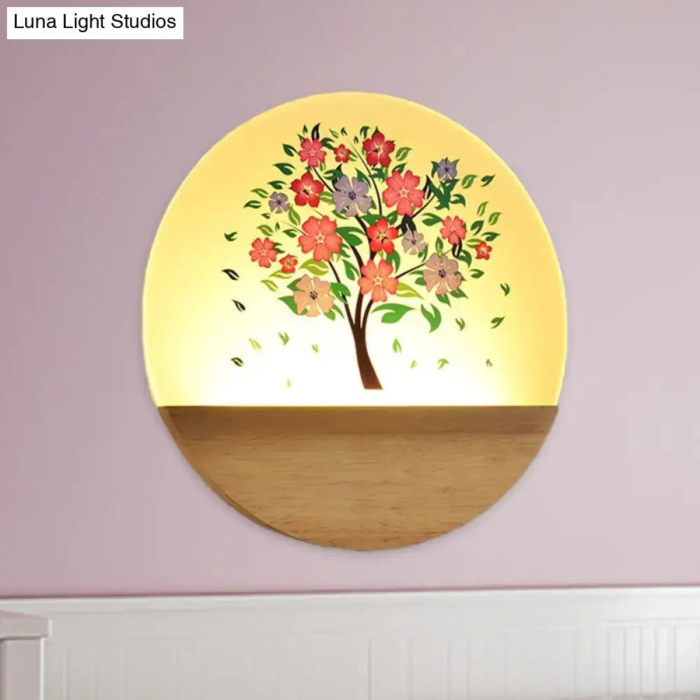 Modern Wood Wall Light by Decorbites with circular yellow glass and floral tree on wood bottom on Tampa Home & Garden Store
