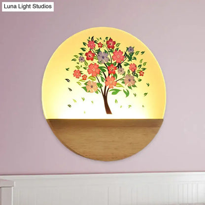 Modern Wood Wall Light by Decorbites with circular yellow glass and floral tree on wood bottom on Tampa Home & Garden Store