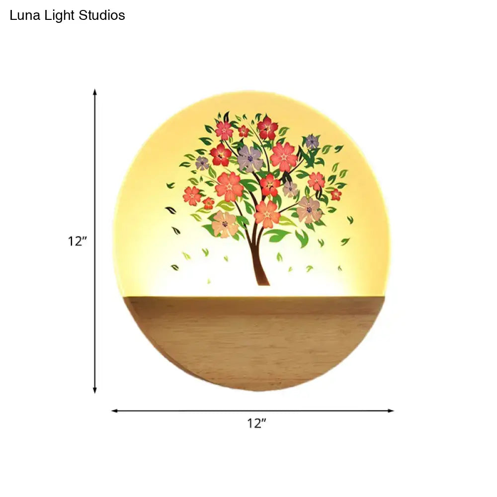 Modern Wood Wall Light with floral tree artwork on warm wood base, 12-inch circle Decorbites on Tampa Home & Garden Store