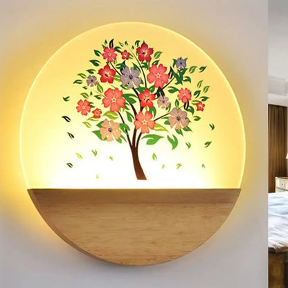Modern Wood Wall Light Decorbites; round backlit panel with floral tree and wood bottom on Tampa Home & Garden Store