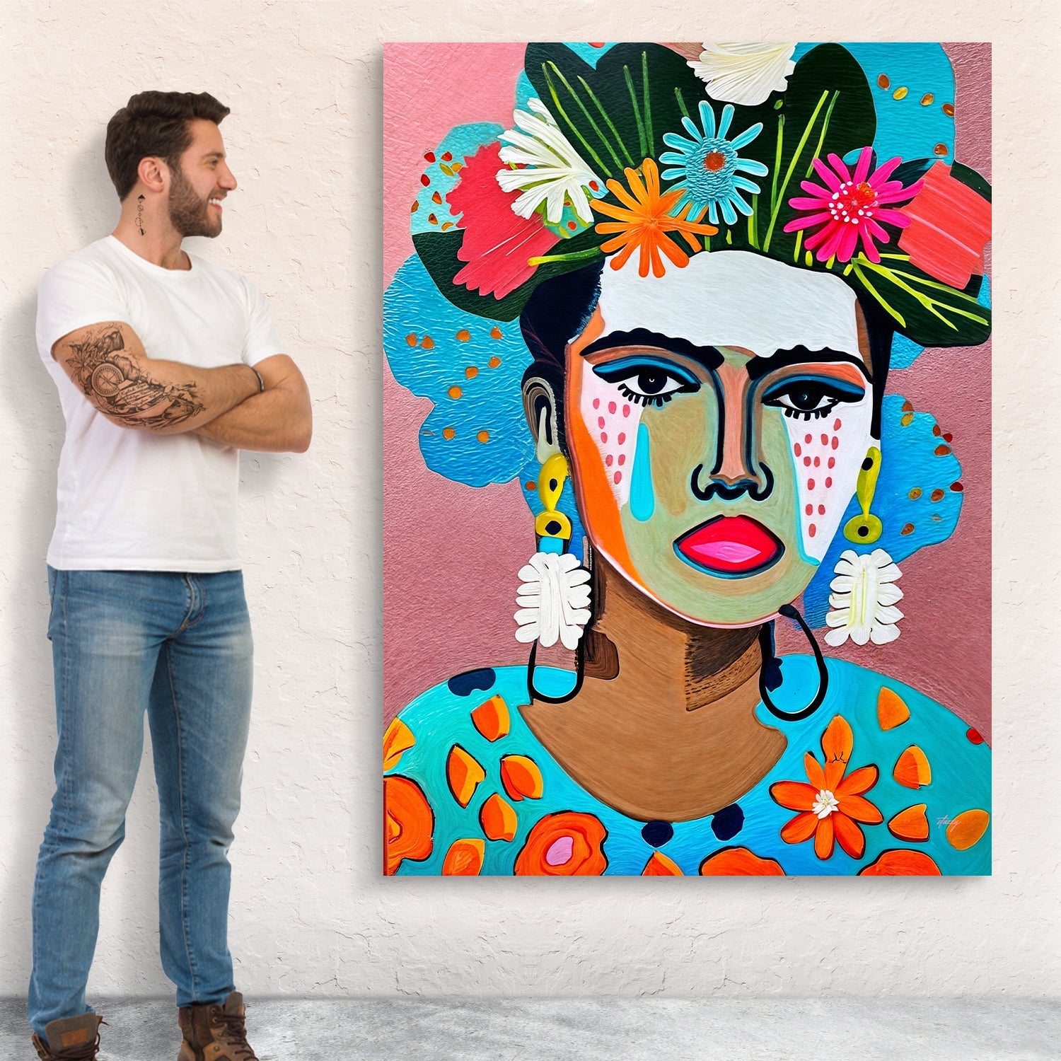 Canvas Print Floral Muse II by Tailored Canvases; vibrant Frida-inspired portrait on craft canvas on Tampa Home & Garden Store