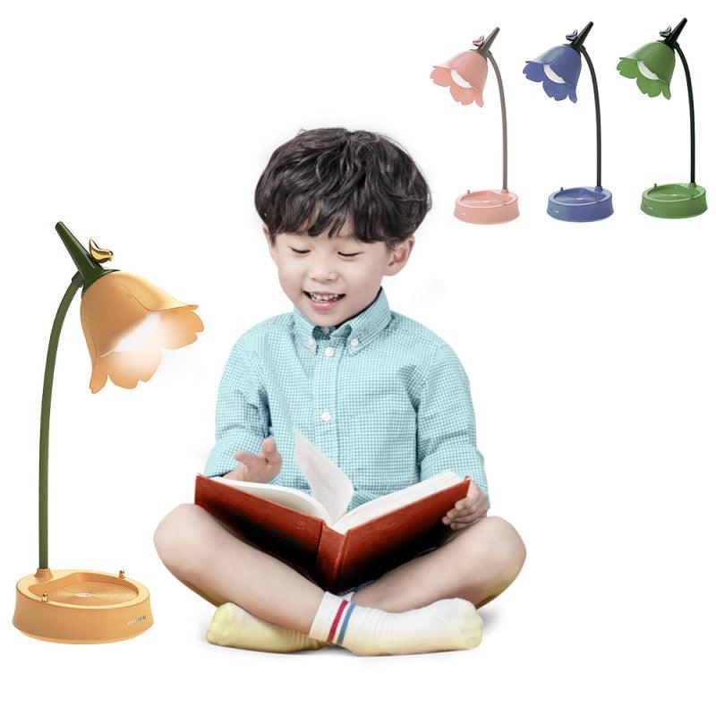 Stevvex Flower LED Desk Lamp with yellow shade on a round base; 4 color options shown on Tampa Home & Garden Store