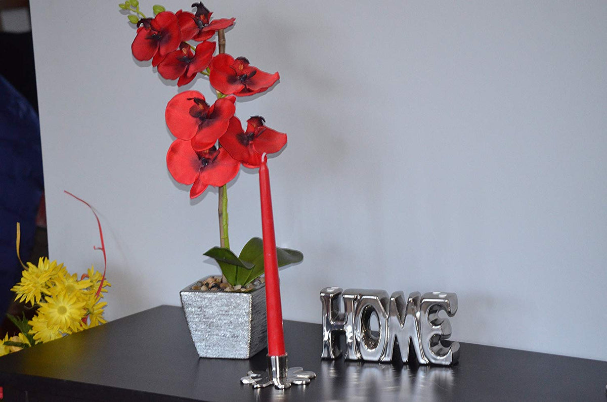 Vibhsa 4-inch aluminum silver flower candle holder with red taper candle on a dark table chrome HOME on Tampa Home & Garden Store