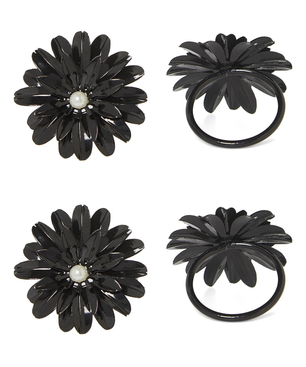 Vibhsa black floral napkin rings with pearl centers, handcrafted set of 4 on Tampa Home & Garden Store