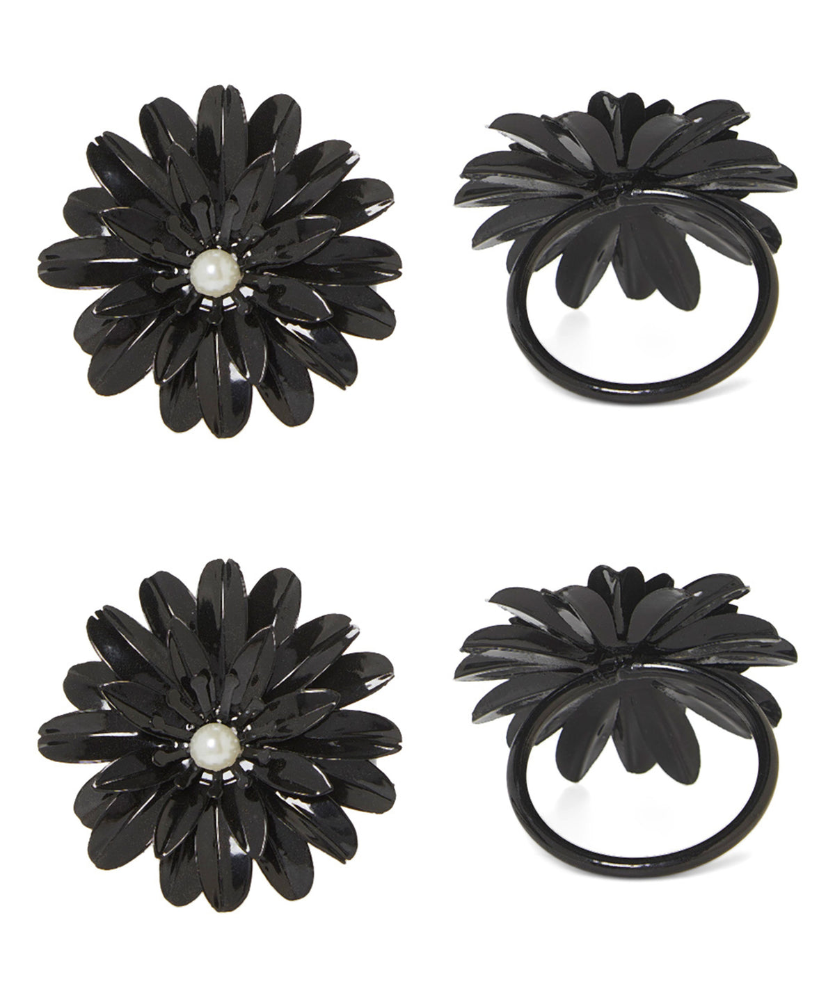 Vibhsa napkin rings set of 4, black floral petals with pearl centers on Tampa Home & Garden Store