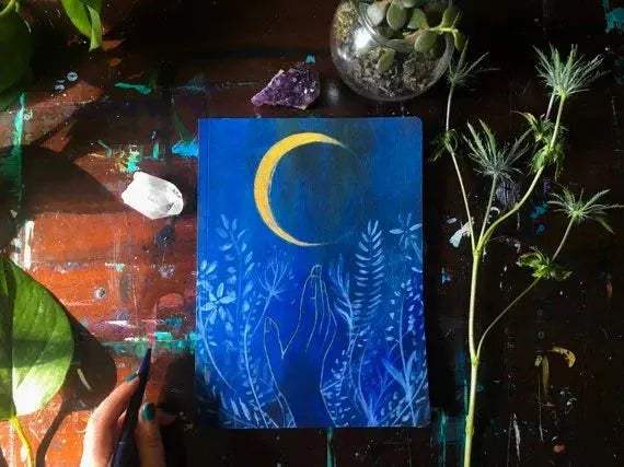 Cuaderno Artístico de Tapa Dura Encuadernado a Mano – Diario de la Luna de las Flores