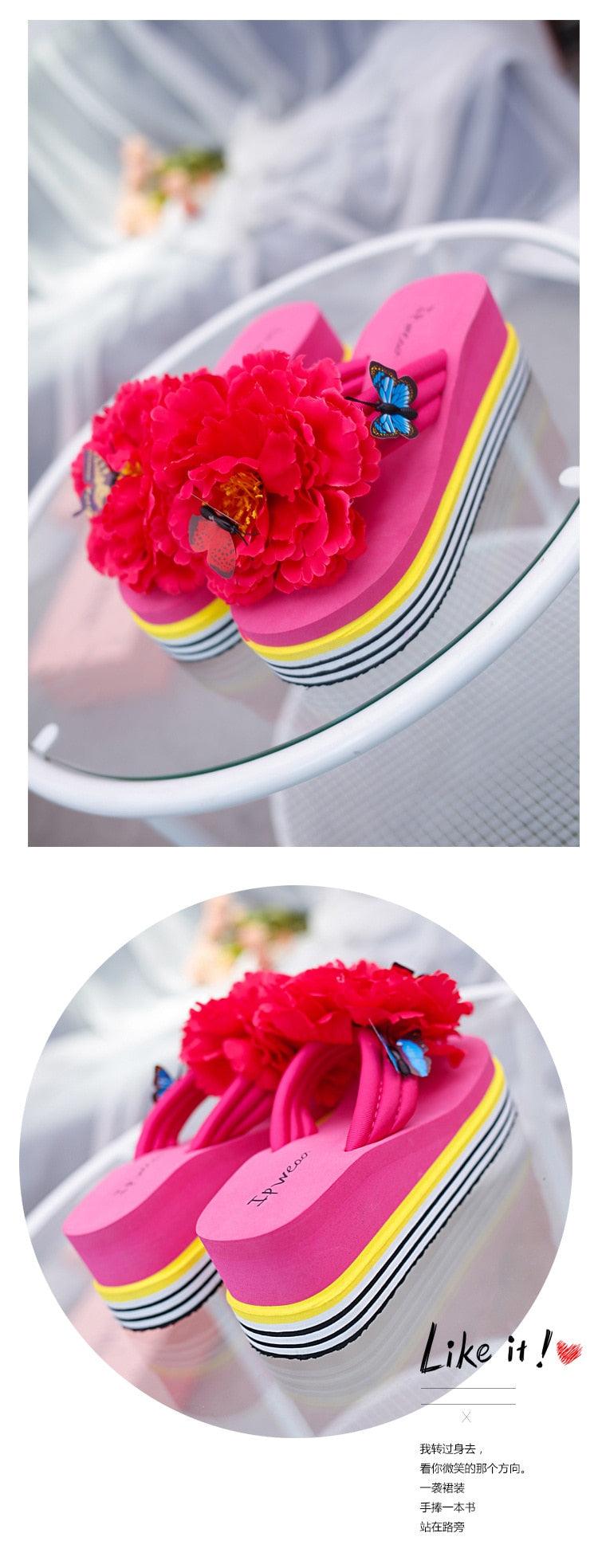 Stevvex pink floral platform flip flops pair with large flower decor butterfly accents on Tampa Home & Garden Store