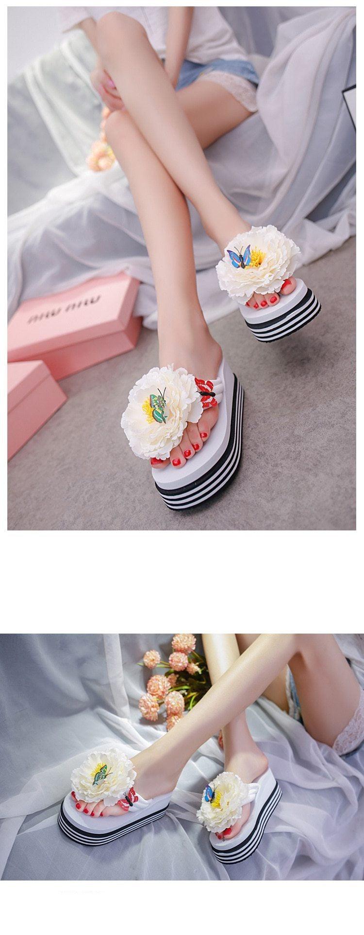 Stevvex women's white flower-embellished platform slides with striped thick sole open toe on Tampa Home & Garden Store
