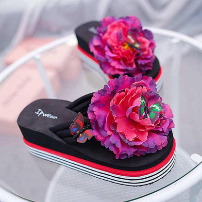 Stevvex flower platform slides pair with pink purple bloom and butterfly, black footbed on Tampa Home & Garden Store