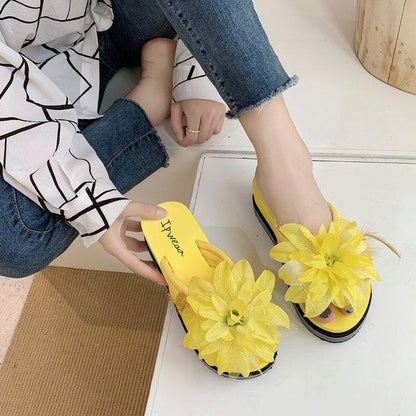 Yellow flower-embellished platform slippers with open toe and thick sole Stevvex on Tampa Home & Garden Store