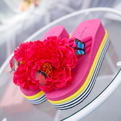 Pink flower platform slides with butterfly accents, pink footbed, striped yellow sole by Stevvex on Tampa Home & Garden Store