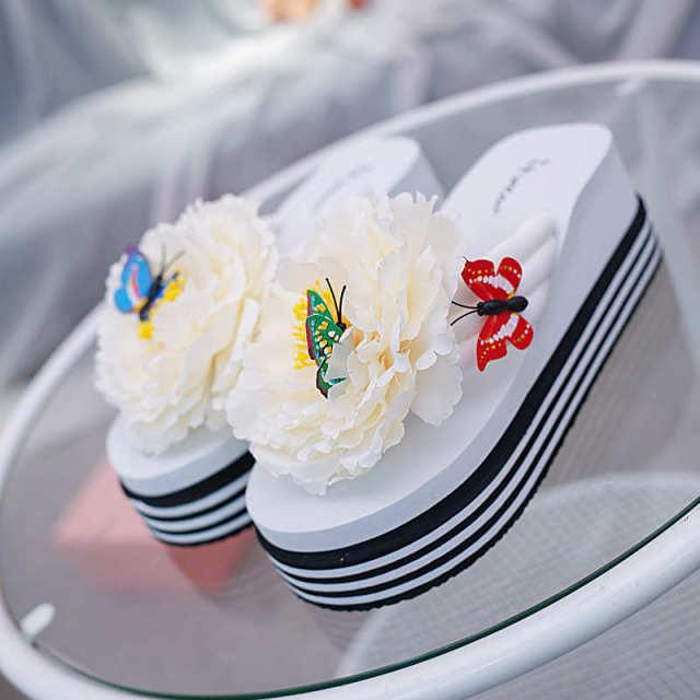 Flower slippers Stevvex open-toe platform flip flops white with butterfly accents on Tampa Home & Garden Store
