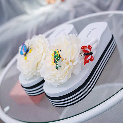 Flower slippers Stevvex open-toe platform flip flops white with butterfly accents on Tampa Home & Garden Store