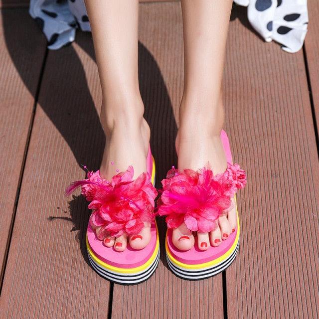 Stevvex pink flower slippers platform flip flops open toe, quick dry beach slides on Tampa Home & Garden Store