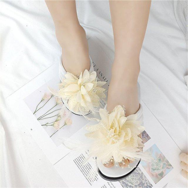 Stevvex floral slippers pair with cream flower embellishments, open toe, thick platform sole on Tampa Home & Garden Store