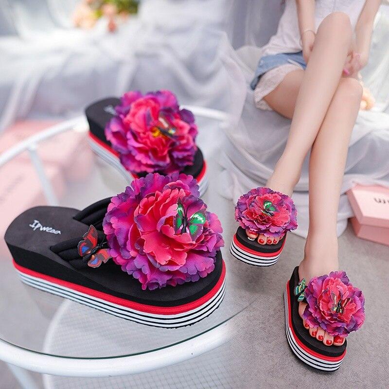 Flower platform slippers Stevvex 3 pairs black slides with pink flower open toe on Tampa Home & Garden Store