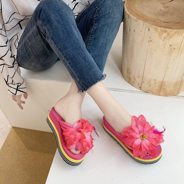 Stevvex pink flower platform slippers with thick striped yellow sole open-toe beach slides on Tampa Home & Garden Store