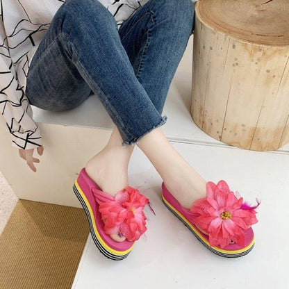 Stevvex pink flower platform slippers with thick striped yellow sole open-toe beach slides on Tampa Home & Garden Store